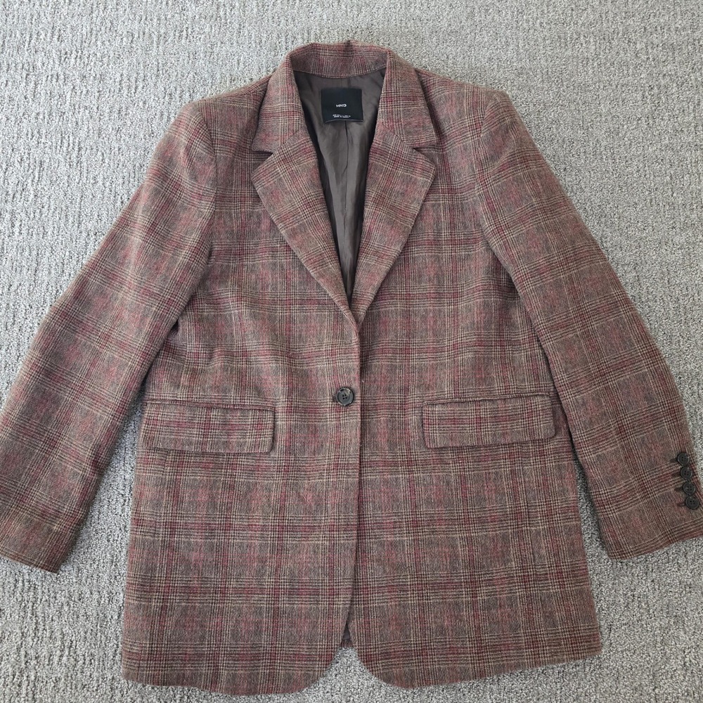MNG Mango Wool Blend Blazer L Brown Glen Plaid Longline Dark Academia Preppy